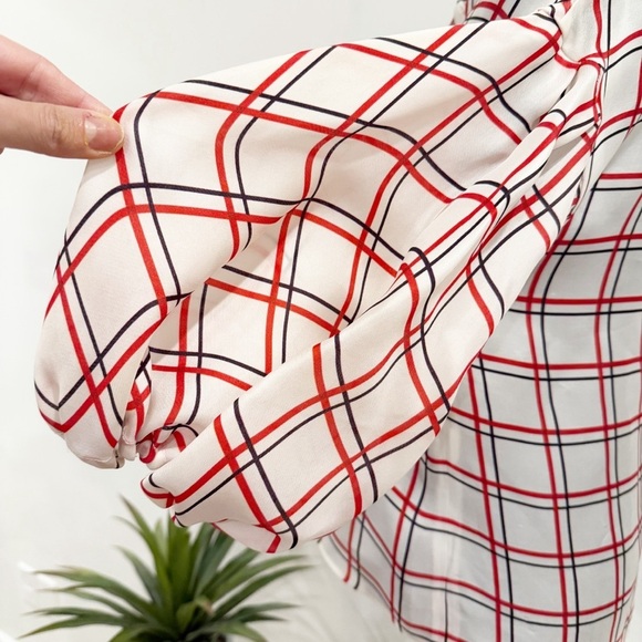Dice Kayek Plaid Puff-Sleeve Collared Shirt- Red and White size S paid $1000 - Picture 5 of 12